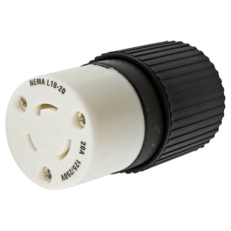 Hubbell Wiring Device-Kellems Locking Connector, L10-20R, 20 A, 125/250V AC, Single Phase, 3 Pole, Screw Terminals, Black, White HBL2363